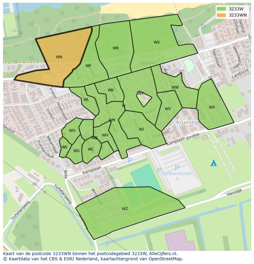 Afbeelding van het postcodegebied 3233 WN op de kaart.