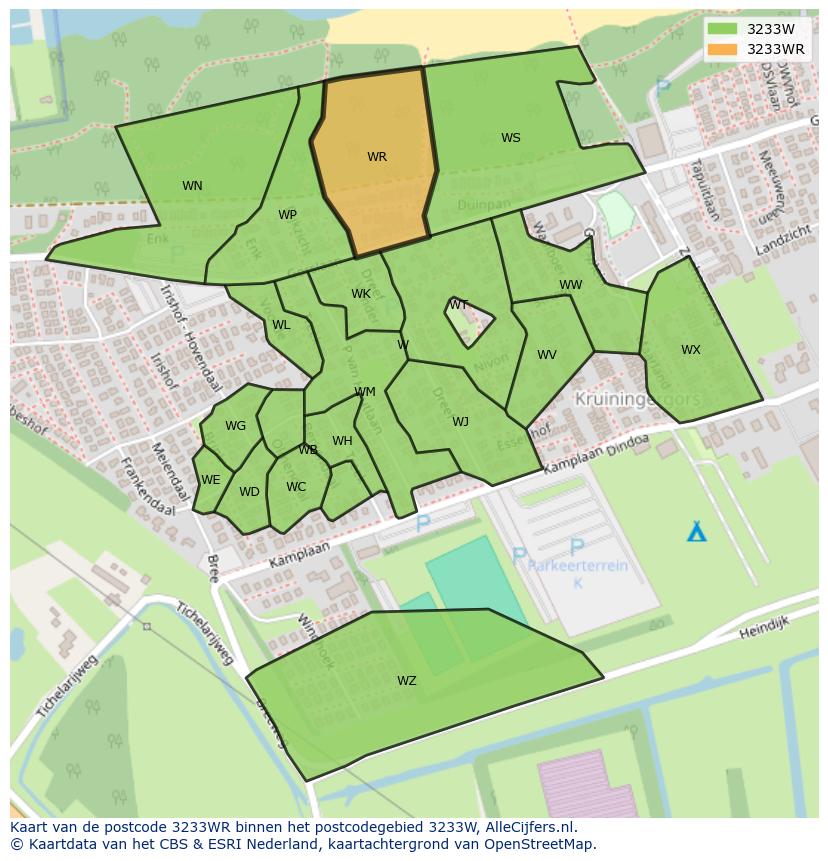 Afbeelding van het postcodegebied 3233 WR op de kaart.