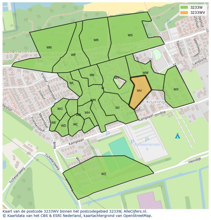 Afbeelding van het postcodegebied 3233 WV op de kaart.