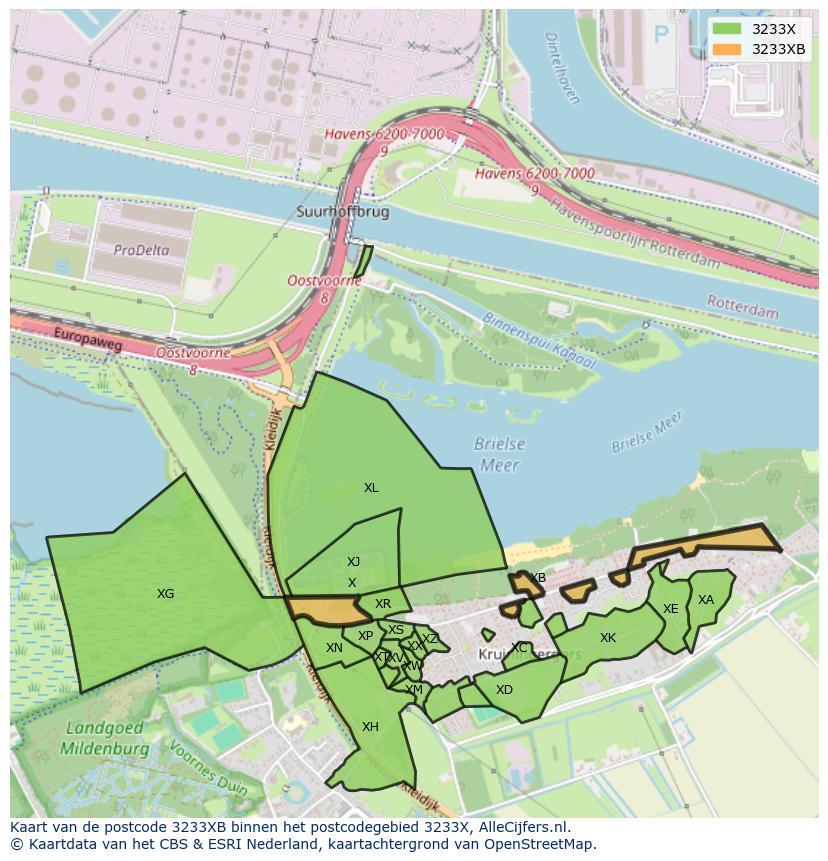 Afbeelding van het postcodegebied 3233 XB op de kaart.
