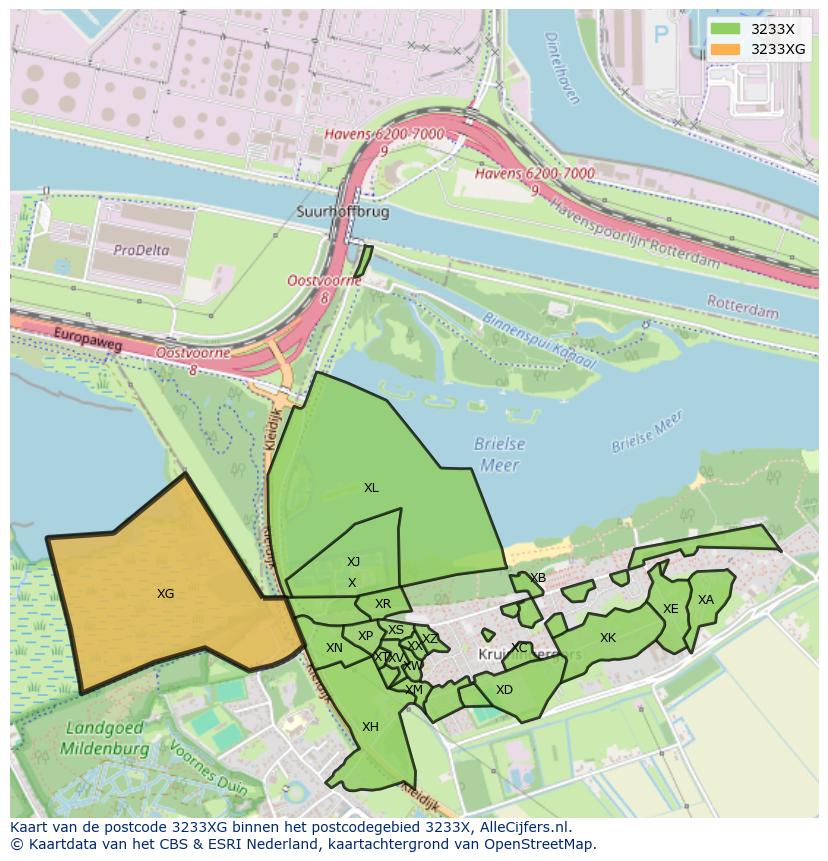 Afbeelding van het postcodegebied 3233 XG op de kaart.