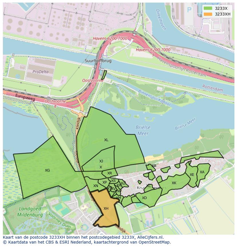 Afbeelding van het postcodegebied 3233 XH op de kaart.