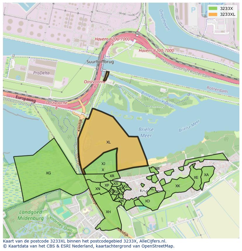 Afbeelding van het postcodegebied 3233 XL op de kaart.