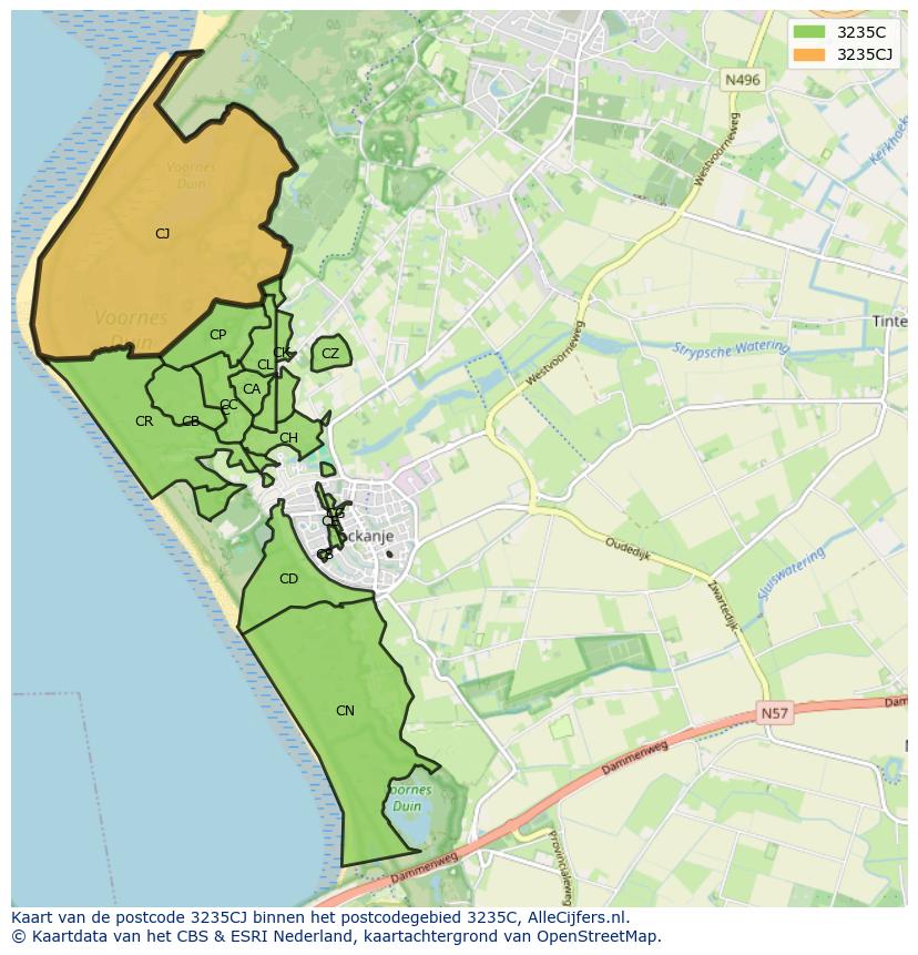 Afbeelding van het postcodegebied 3235 CJ op de kaart.