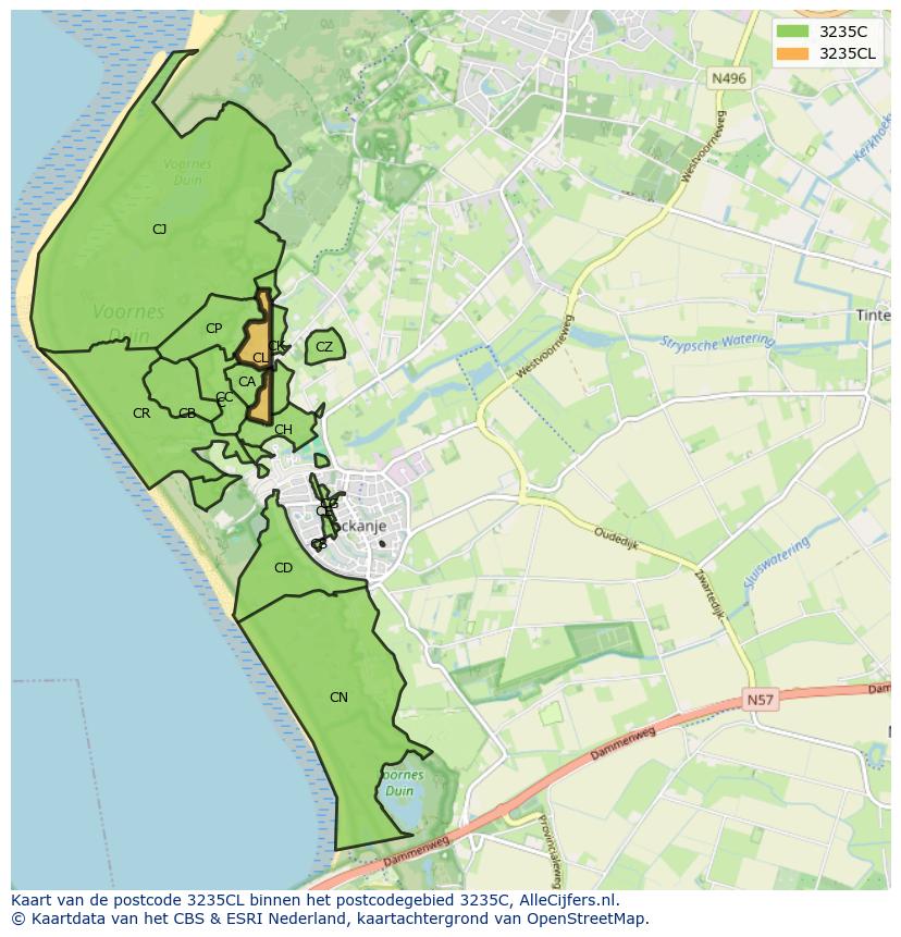 Afbeelding van het postcodegebied 3235 CL op de kaart.