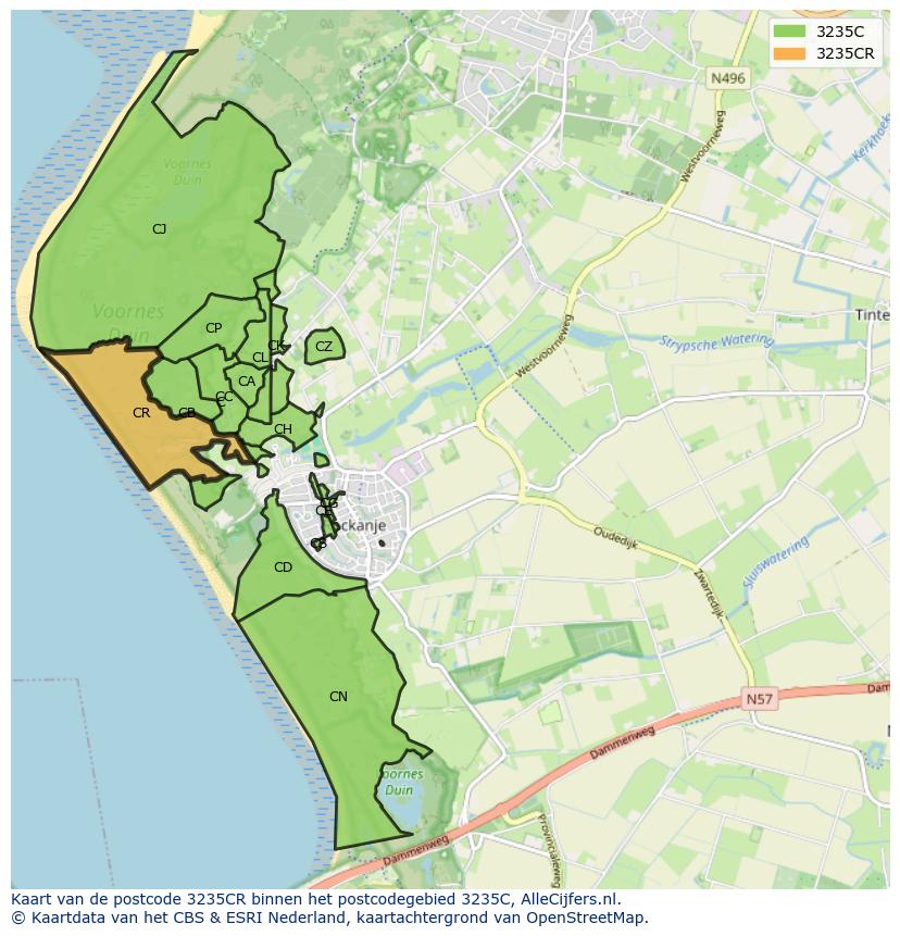 Afbeelding van het postcodegebied 3235 CR op de kaart.
