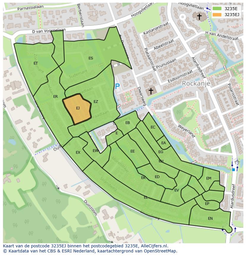 Afbeelding van het postcodegebied 3235 EJ op de kaart.