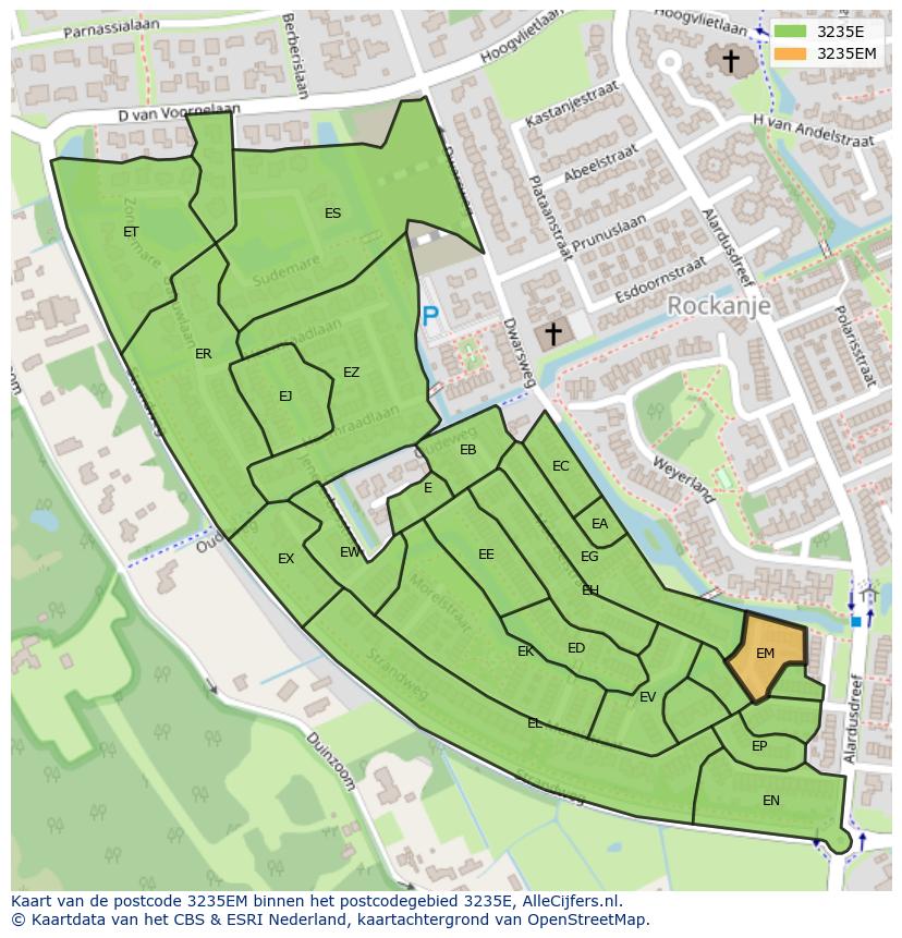 Afbeelding van het postcodegebied 3235 EM op de kaart.