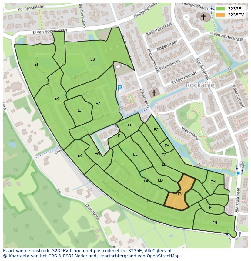 Afbeelding van het postcodegebied 3235 EV op de kaart.