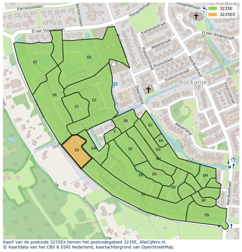 Afbeelding van het postcodegebied 3235 EX op de kaart.