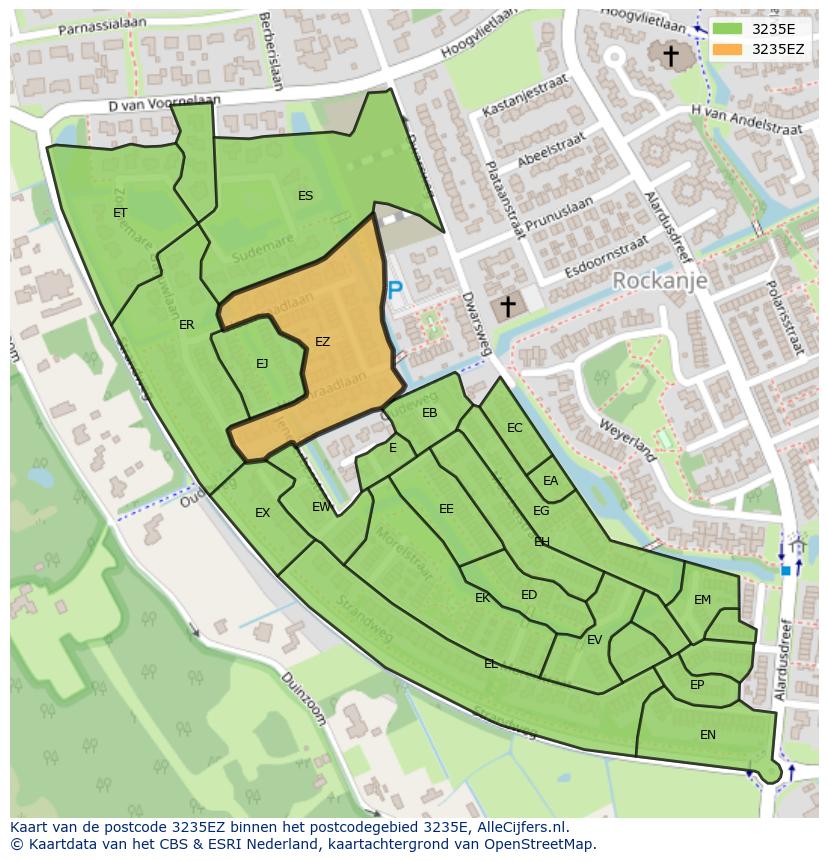 Afbeelding van het postcodegebied 3235 EZ op de kaart.