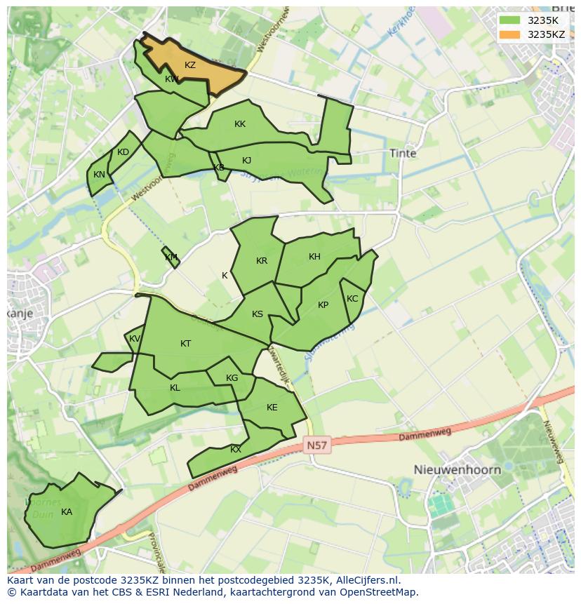 Afbeelding van het postcodegebied 3235 KZ op de kaart.