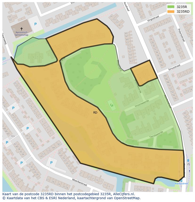 Afbeelding van het postcodegebied 3235 RD op de kaart.