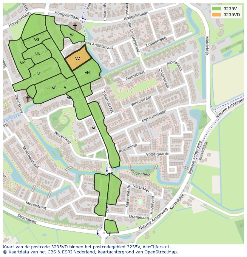Afbeelding van het postcodegebied 3235 VD op de kaart.