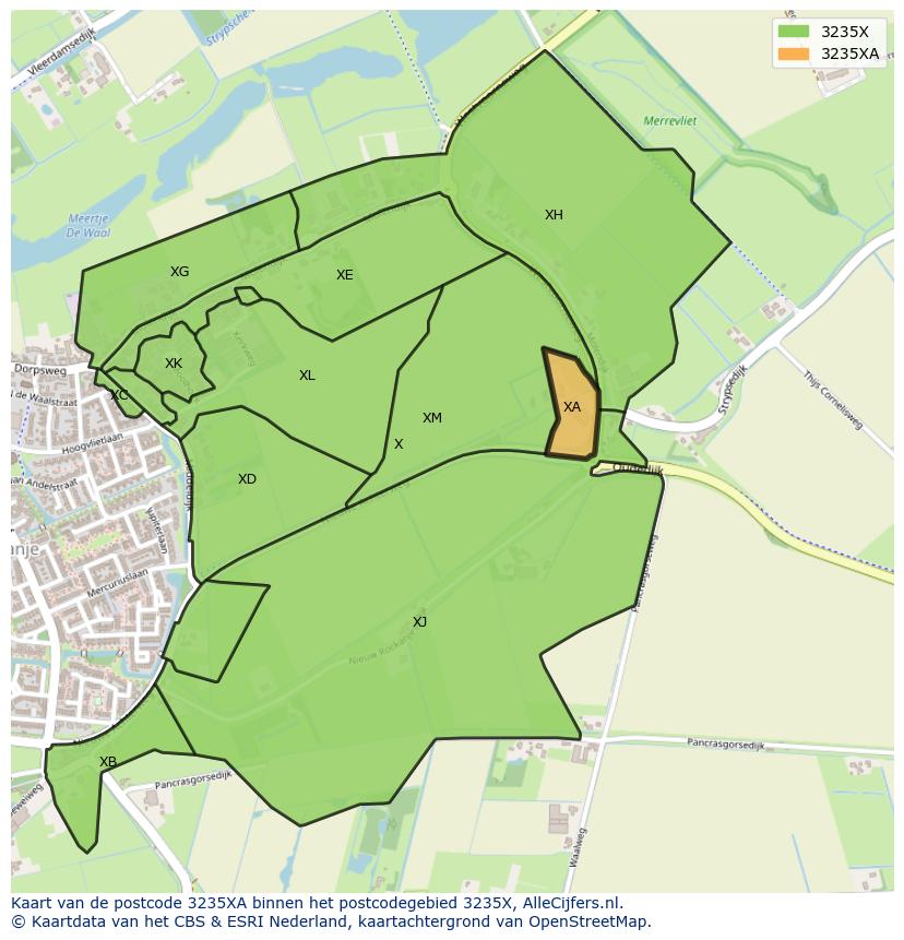 Afbeelding van het postcodegebied 3235 XA op de kaart.