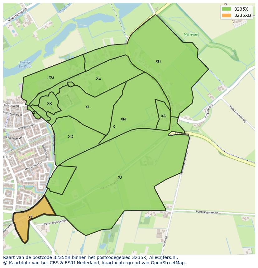 Afbeelding van het postcodegebied 3235 XB op de kaart.