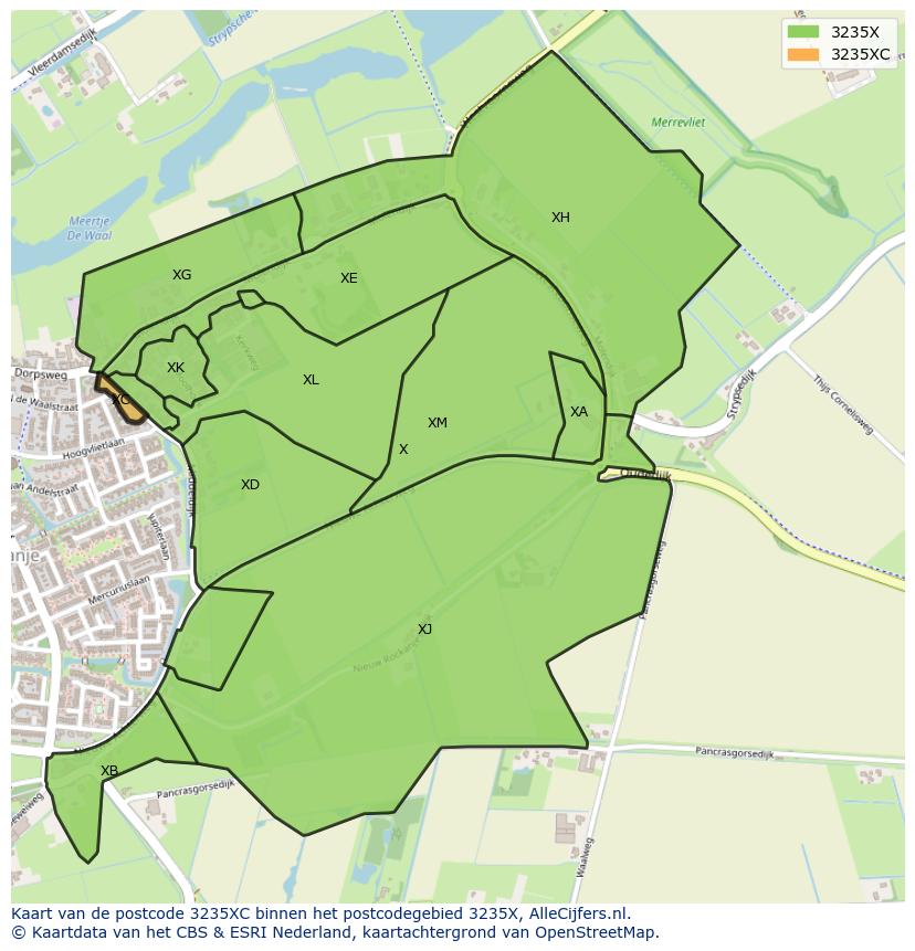 Afbeelding van het postcodegebied 3235 XC op de kaart.