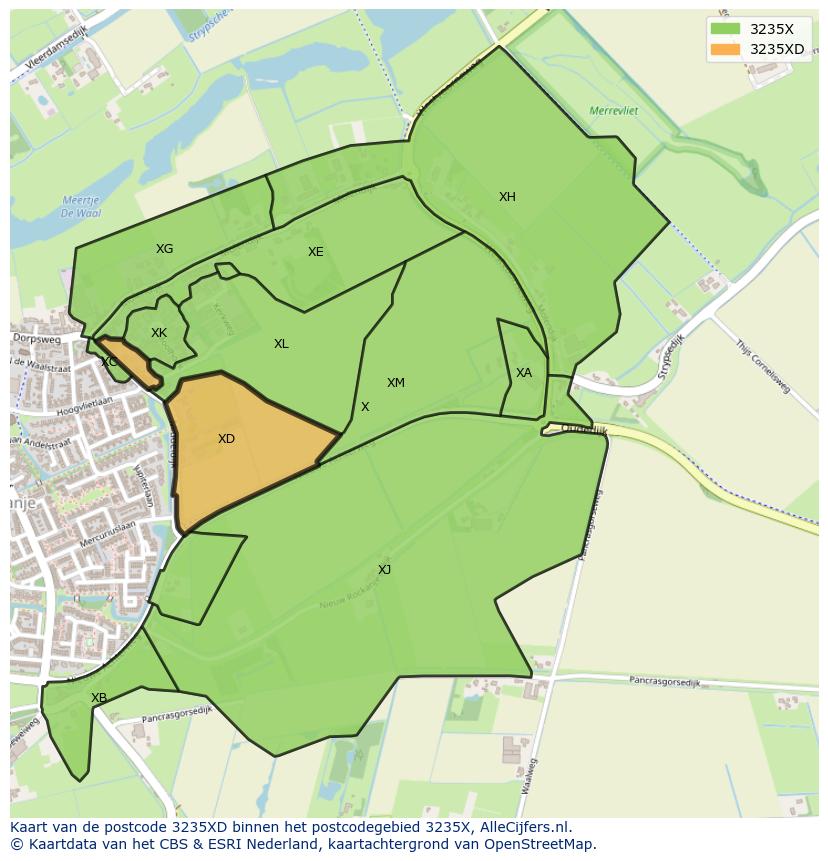 Afbeelding van het postcodegebied 3235 XD op de kaart.