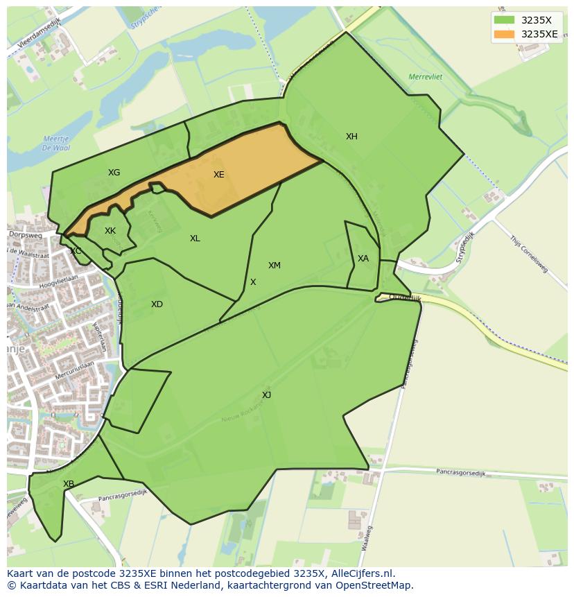 Afbeelding van het postcodegebied 3235 XE op de kaart.