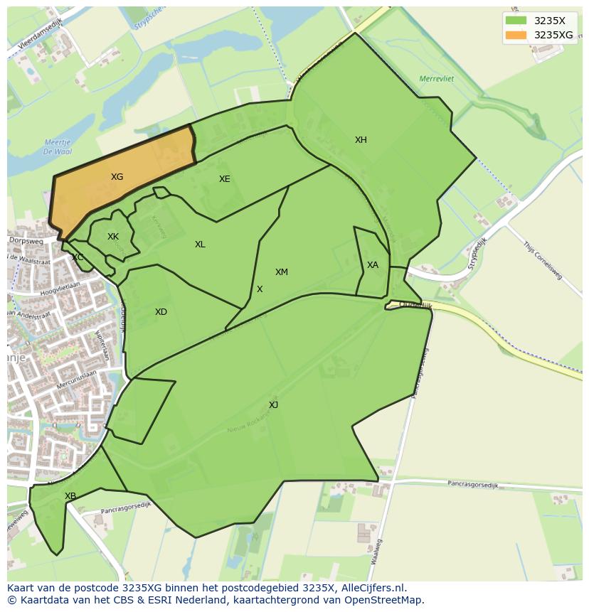 Afbeelding van het postcodegebied 3235 XG op de kaart.