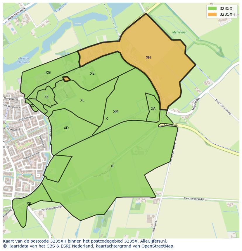 Afbeelding van het postcodegebied 3235 XH op de kaart.