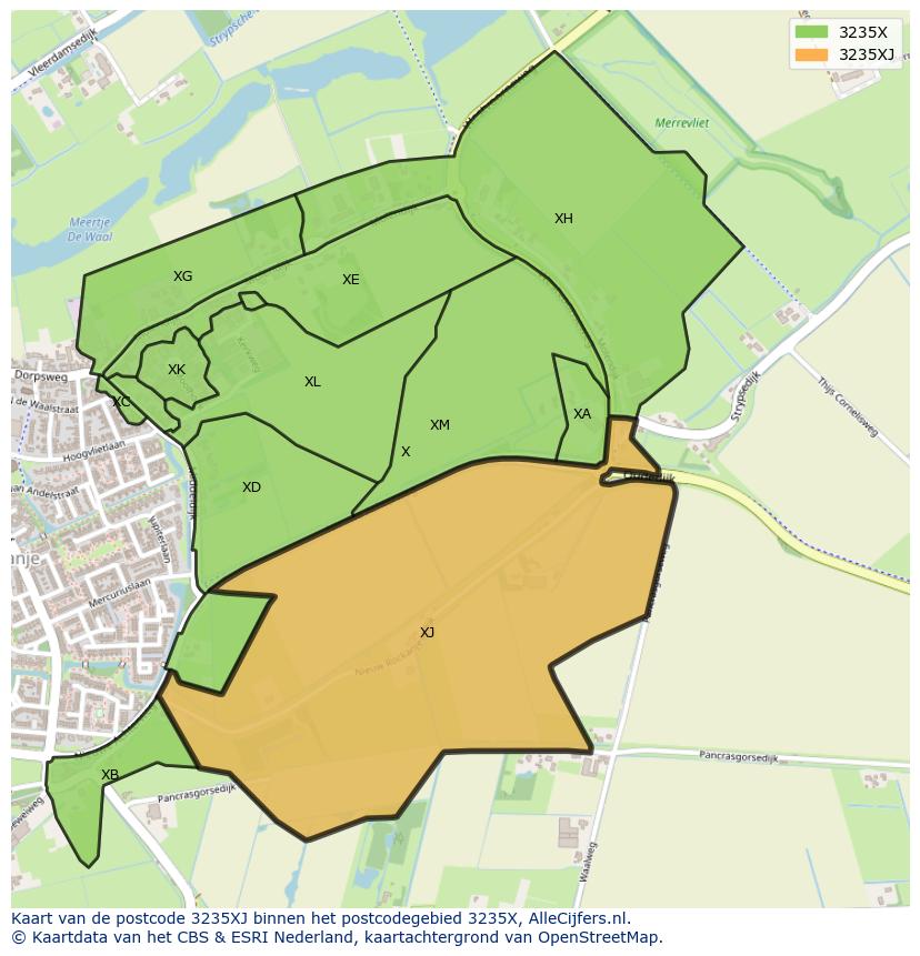 Afbeelding van het postcodegebied 3235 XJ op de kaart.