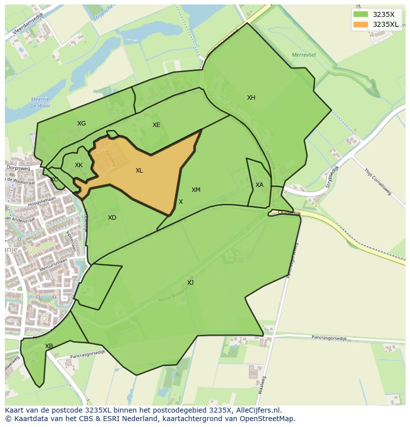 Afbeelding van het postcodegebied 3235 XL op de kaart.