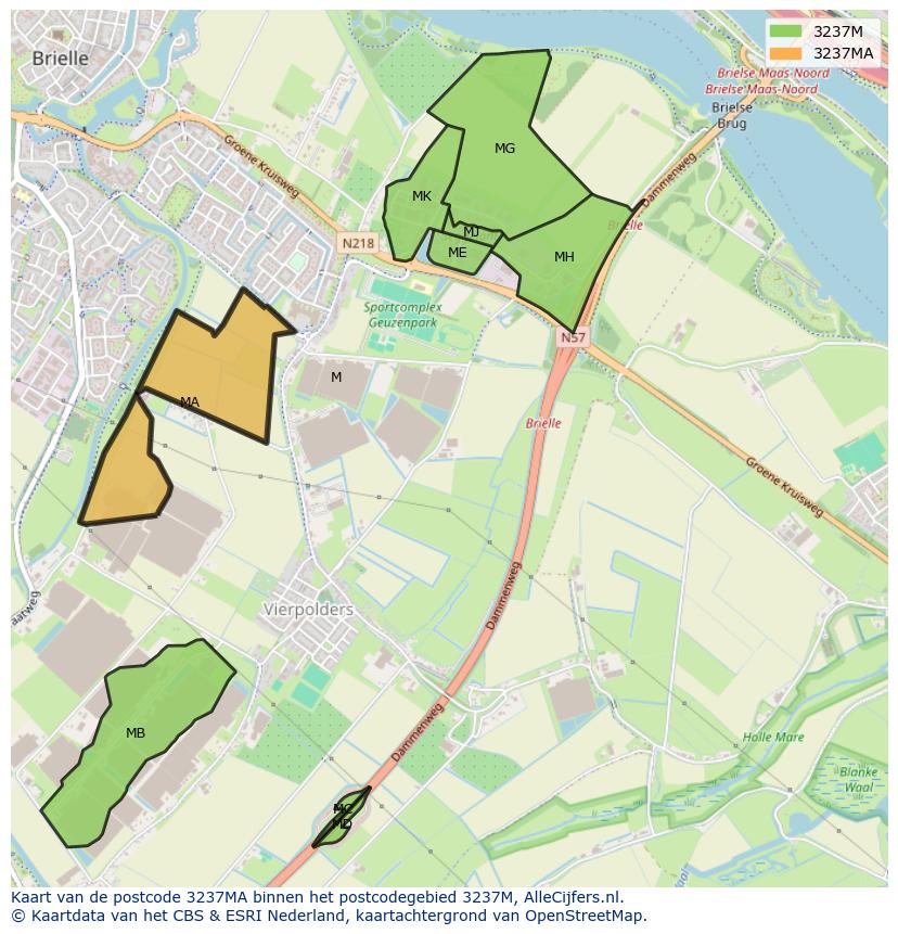 Afbeelding van het postcodegebied 3237 MA op de kaart.
