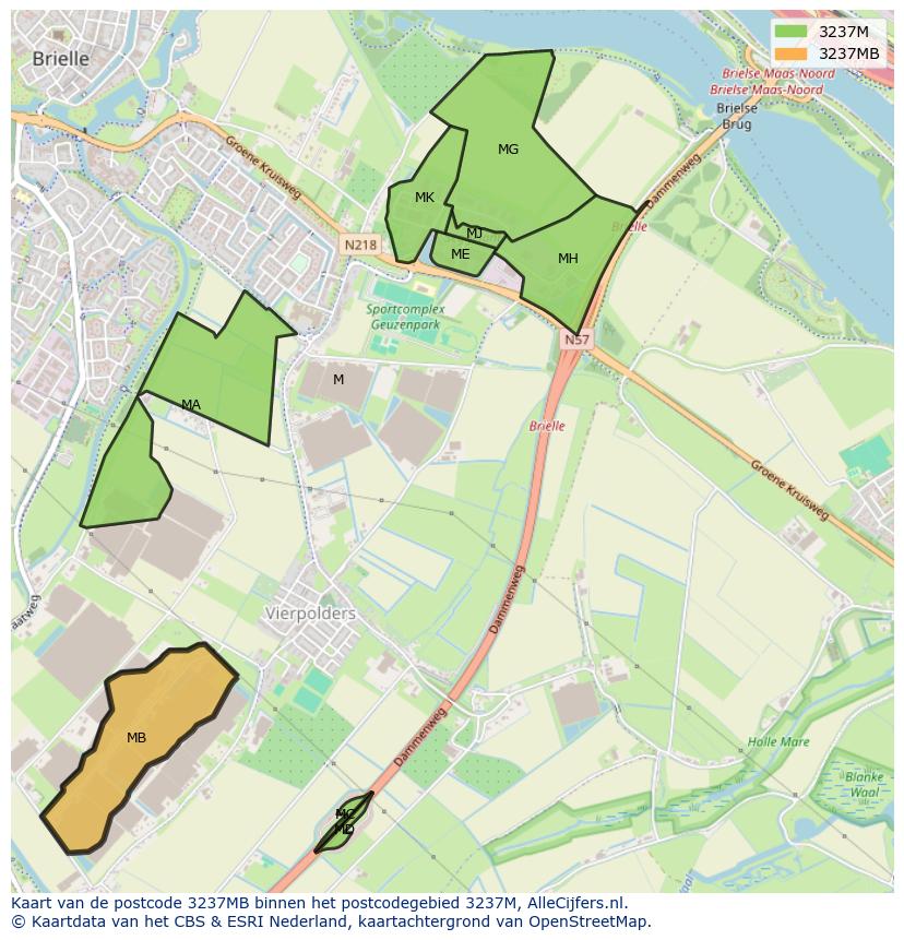 Afbeelding van het postcodegebied 3237 MB op de kaart.