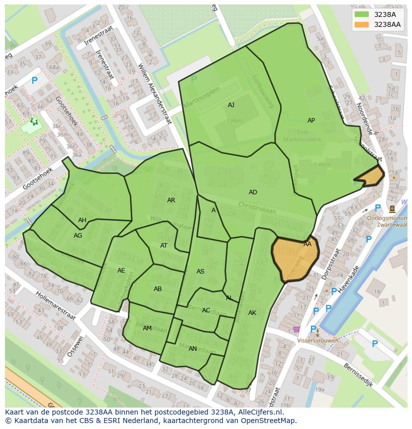 Afbeelding van het postcodegebied 3238 AA op de kaart.