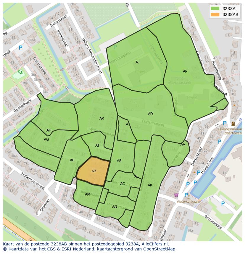 Afbeelding van het postcodegebied 3238 AB op de kaart.