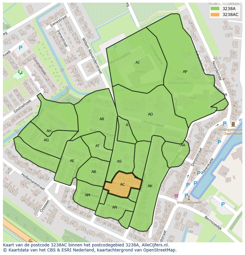 Afbeelding van het postcodegebied 3238 AC op de kaart.