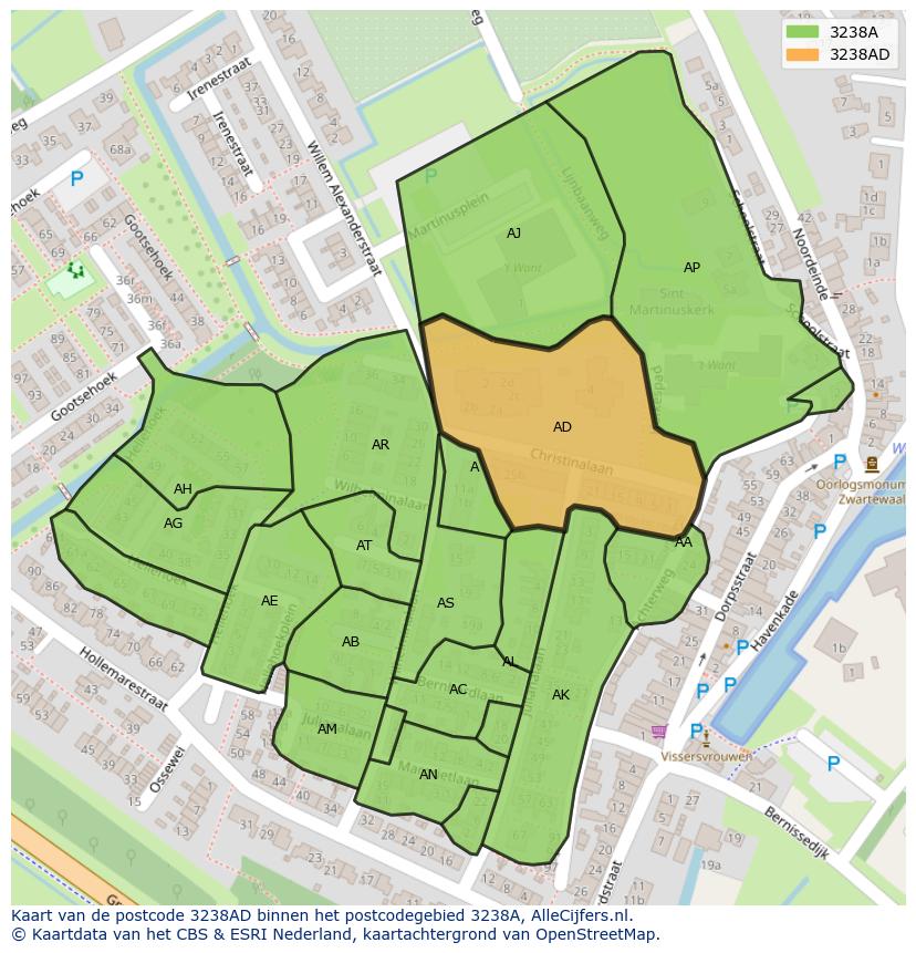 Afbeelding van het postcodegebied 3238 AD op de kaart.
