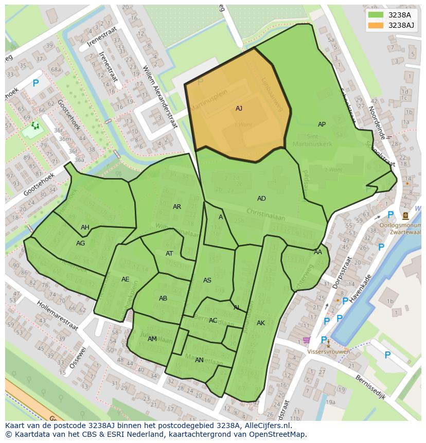 Afbeelding van het postcodegebied 3238 AJ op de kaart.