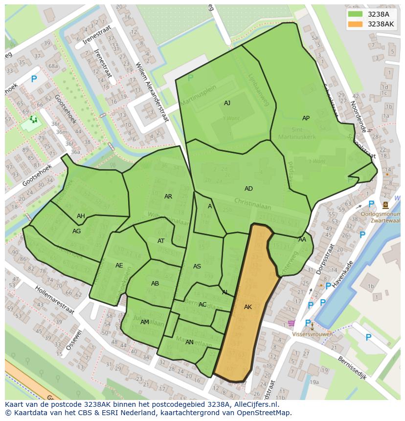 Afbeelding van het postcodegebied 3238 AK op de kaart.