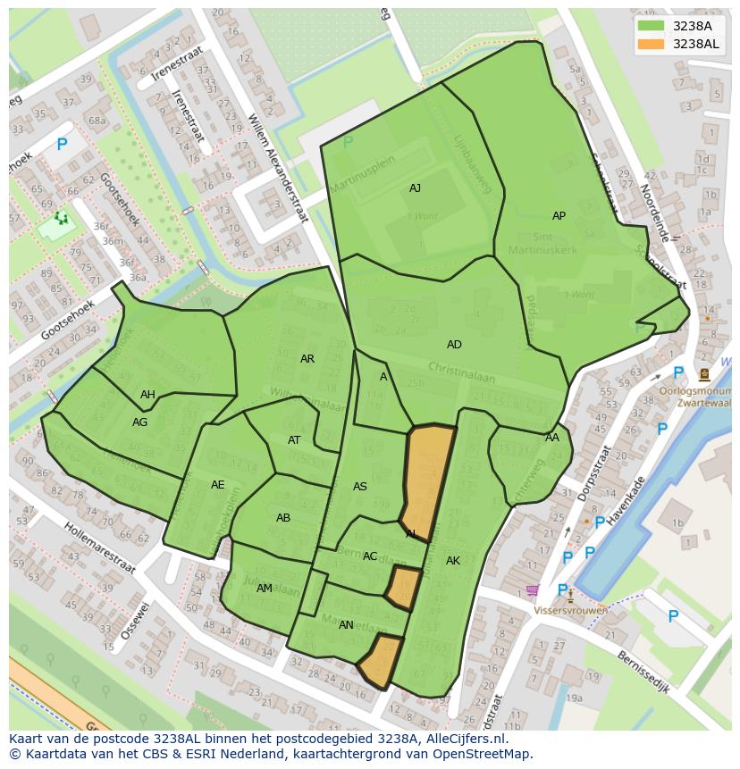 Afbeelding van het postcodegebied 3238 AL op de kaart.