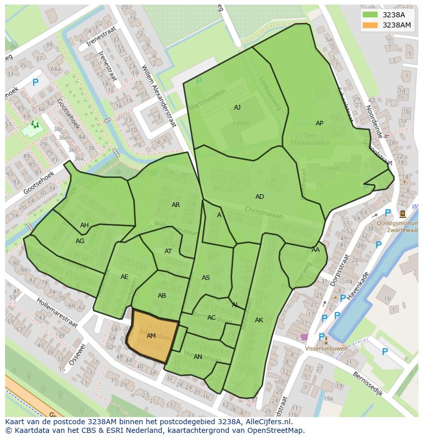 Afbeelding van het postcodegebied 3238 AM op de kaart.