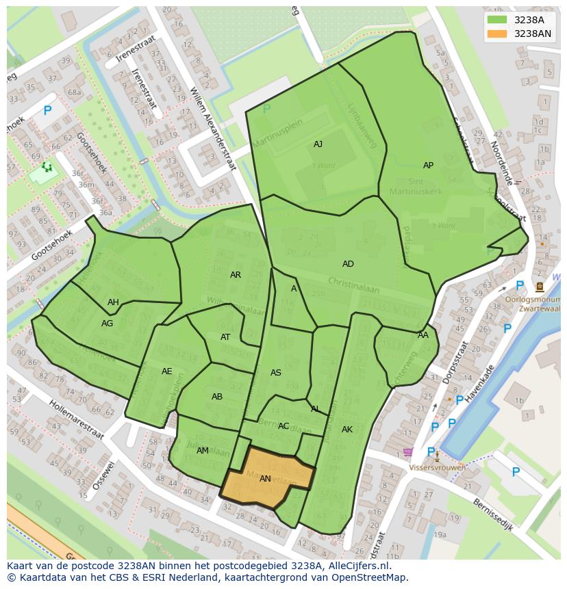 Afbeelding van het postcodegebied 3238 AN op de kaart.