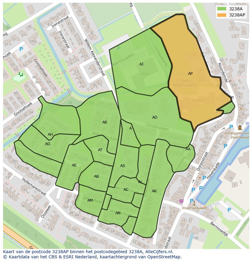 Afbeelding van het postcodegebied 3238 AP op de kaart.
