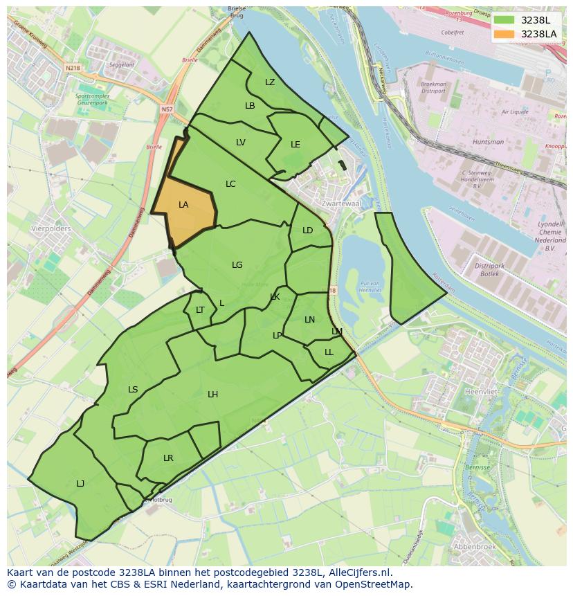 Afbeelding van het postcodegebied 3238 LA op de kaart.