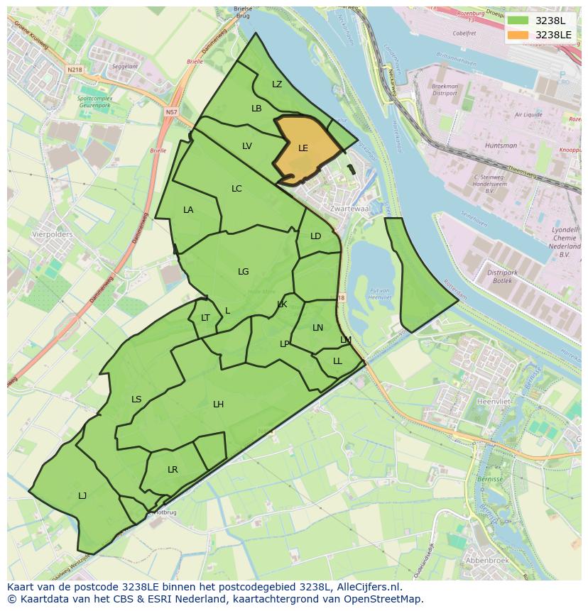 Afbeelding van het postcodegebied 3238 LE op de kaart.