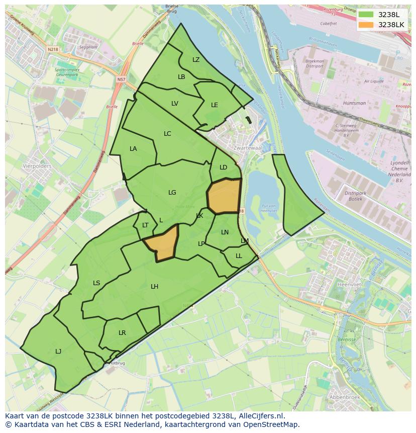 Afbeelding van het postcodegebied 3238 LK op de kaart.