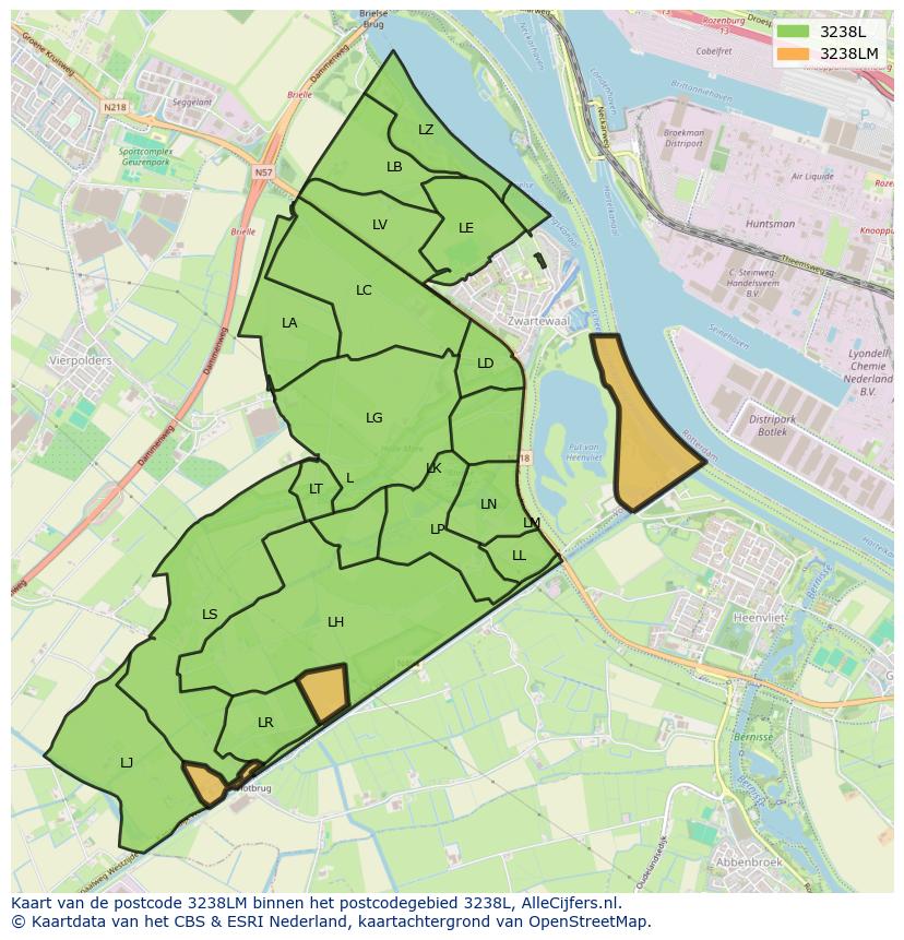 Afbeelding van het postcodegebied 3238 LM op de kaart.