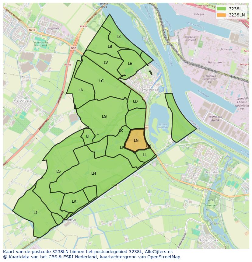 Afbeelding van het postcodegebied 3238 LN op de kaart.