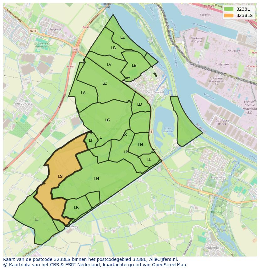 Afbeelding van het postcodegebied 3238 LS op de kaart.