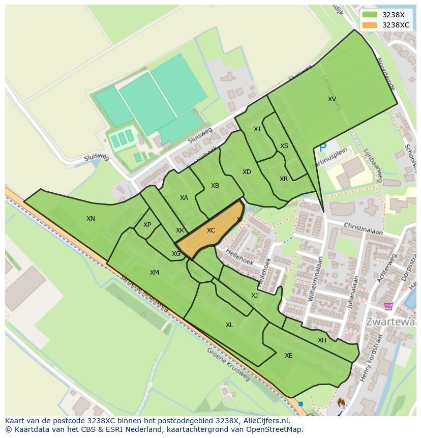 Afbeelding van het postcodegebied 3238 XC op de kaart.