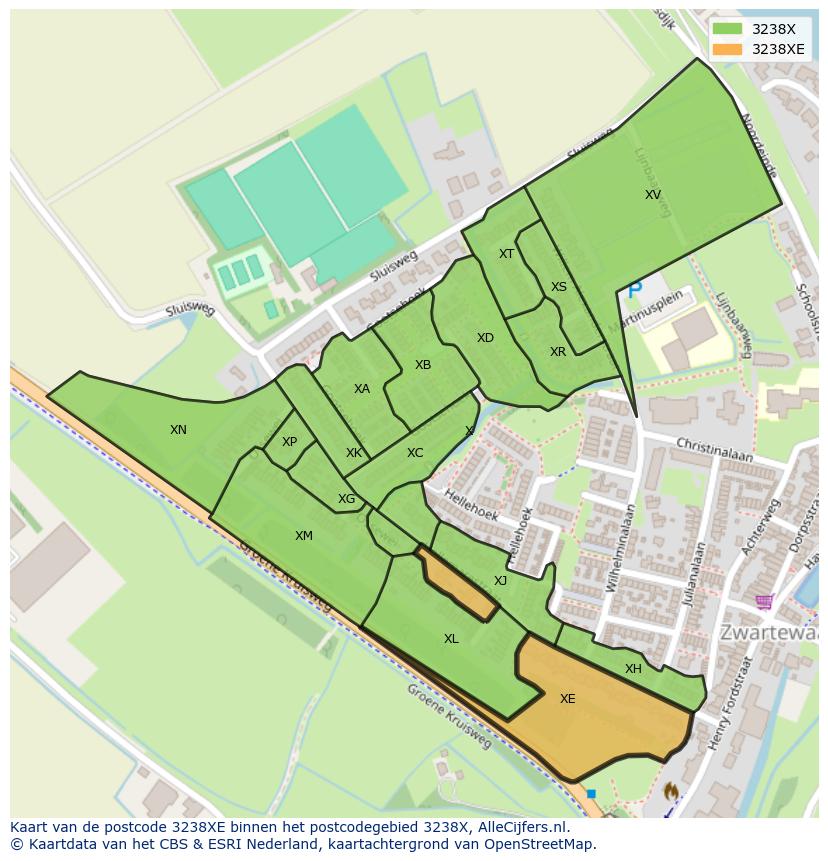 Afbeelding van het postcodegebied 3238 XE op de kaart.
