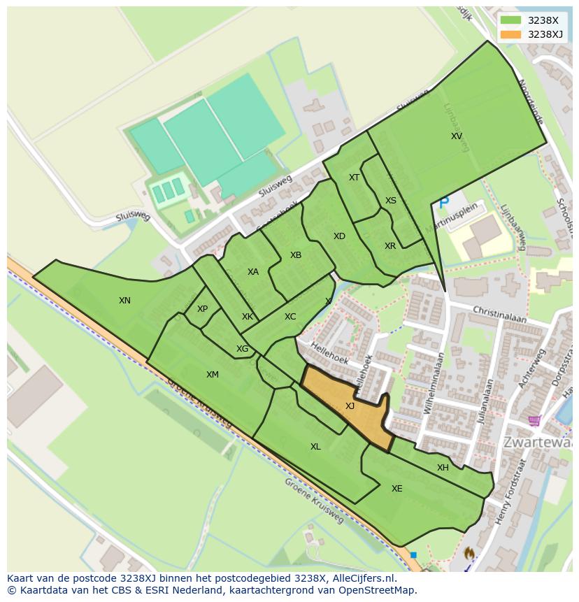Afbeelding van het postcodegebied 3238 XJ op de kaart.