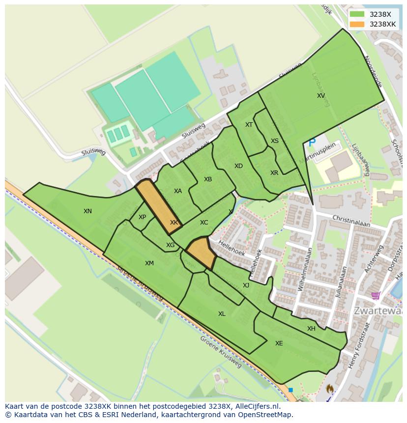 Afbeelding van het postcodegebied 3238 XK op de kaart.