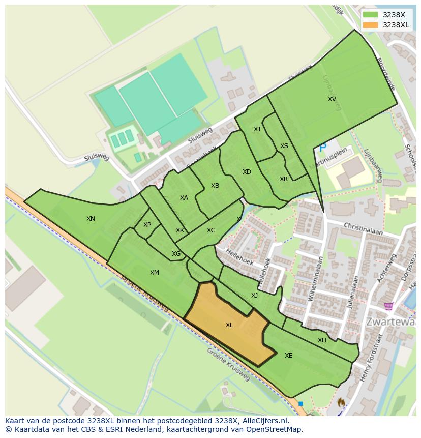 Afbeelding van het postcodegebied 3238 XL op de kaart.
